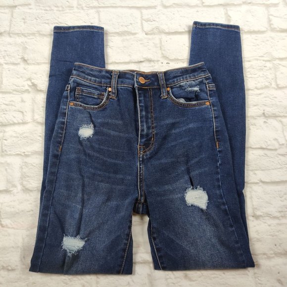 Forever 21 womens jeans high rise distressed rip skinny jeans blue denim sz 24 - Picture 4 of 7